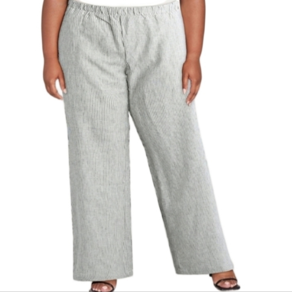 NWT Scoop Linen Wide Leg Pull On Pants - Black/White Stripe 3X